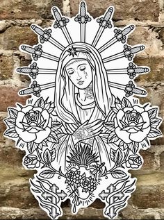 the virgin mary surrounded by flowers on a brick wall