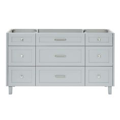 a gray dresser with six drawers and two doors on each side, in front of a white background