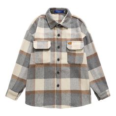 Women's Woolen Shirt Jacket Plaid Single Breasted Long Sleeve Jacket Oversized Boyfriend Style Casual Long Sleeve Outerwear For Streetwear, Casual Long Sleeve Streetwear Outerwear, Collared Beige Shacket For Winter, Oversized Collared Winter Top, Beige Collared Shacket For Winter, Oversized Plaid Shacket Casual Style, Oversized Collared Tops For Winter, Oversized Button-up Outerwear For Outdoor, Trendy Oversized Plaid Outerwear