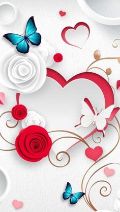 a heart with roses, butterflies and hearts in the air on a white background for valentine's day