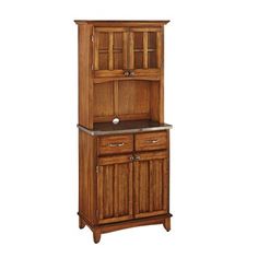 a wooden hutch with drawers and cupboards on the top shelf, against a white background