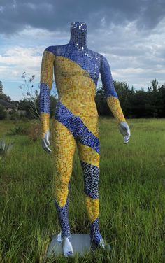 a man is standing in the grass wearing a yellow and blue body suit