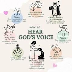 a poster with the words, how to hear god's voice and other symbols