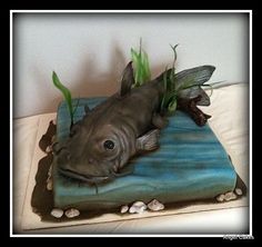 there is a cake that looks like a fish on top of some rocks and grass