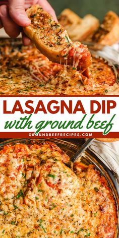 Whip up this easy lasagna dip with ground beef! It's a simple appetizer recipe. Creamy and cheesy, meaty and saucy, this hot dip tastes so good. No one will be able to resist this party snack! Cheese And Ground Beef Dip, Ground Beef Dip Cream Cheese