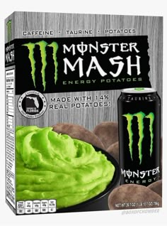 monster mash energy drink with real potatoes and green liquid on the side, in front of a wooden background