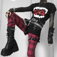 Red Grunge Outfit, Punk Style Outfits, Alt Outfits, Estilo Punk, Grunge Style, Punk Outfits, Alt Fashion, Gothic Outfits, Alternative Outfits