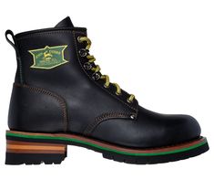 Rugged style and comfort meet in Skechers x John Deere: Cascades. This casual lace-up boot features a leather upper with embroidered John Deere logo, Skechers Air-Cooled Memory Foam cushioned insole, and a durable Goodyear welt midsole. Two iconic American brands, trusted for quality and innovation, unite to bring uncompromising durability and comfort. Fusing John Deere's rich heritage with Skechers' comfort technologies, this style delivers the perfect blend of style and durability for work, outdoors and the street. | Skechers Men's John Deere: Cascades Boots | Medium Width | From the Skechers x John Deere collection | Skechers Air-Cooled Memory Foam cushioned comfort insole | Goodyear welt construction for added durability | Lace-up leather upper with embroidered John Deere logo | 5 1/2- John Deere Logo, Stylish Men Wear, Summer Clearance Sale, Rugged Style, Wide Shoes, American Brand, Boys Boots, Black Man, Mens Shoes Boots