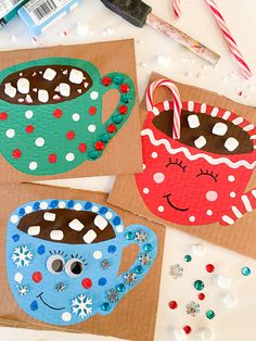 three paper bags decorated with coffee cups and candy canes