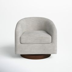 a white chair with a wooden base on a plain background, it appears to be in the shape of a circle