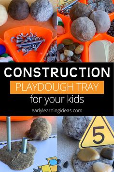 construction playdough tray for your kids with rocks and tools on the table in front