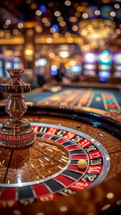 a close up of a casino rouleet with lights in the backround