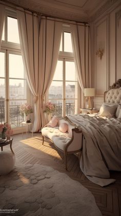 an elegant bedroom with large windows overlooking the city