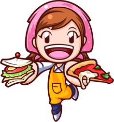 a cartoon girl holding a sandwich in one hand and wearing an apron on the other