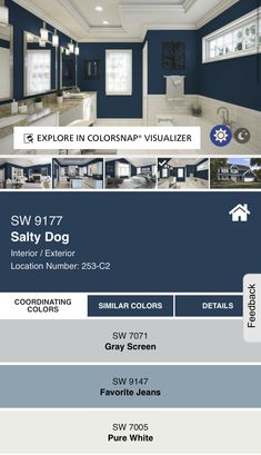 the interior and exterior color scheme for a house with blue walls, white ceilinging, and