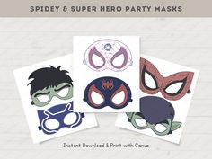 three masks with different designs on them and the text, spider hero party masks instant printable