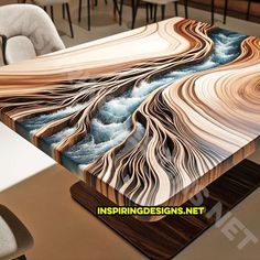 the table is made out of wood and has waves on it