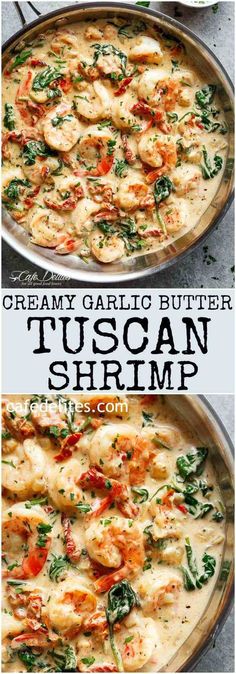 creamy garlic butter tuscann shrimp in a skillet