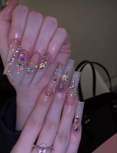 Pink Nails Gems Bling, Nail Inspo Rhinestones, Pink Nails Diamonds Rhinestones, Long Pink Acrylic Nails With Rhinestones, Blinged Out Nails Rhinestones Pink, Baddie Nails Instagram, Blinged Out Nails, Pink Righnstone Nails, Burgundy Acrylic Nails