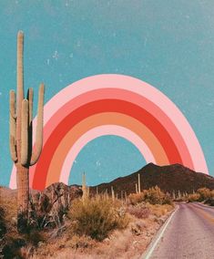 an image of a desert road with a rainbow in the sky and cactus on the side