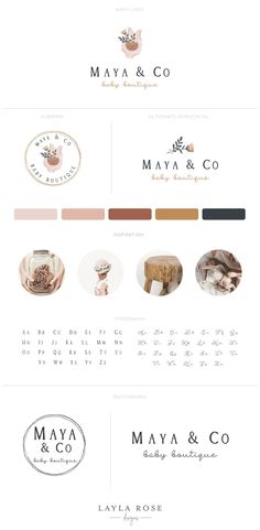 the logo for maya & co is shown in different colors and font styles, including white