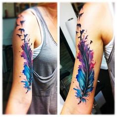 two pictures of the same arm with watercolor feathers on it and one has a blue feather