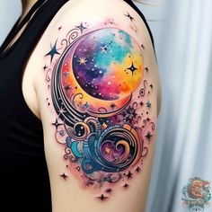 a woman's shoulder with a colorful tattoo design on her left arm and the moon above it