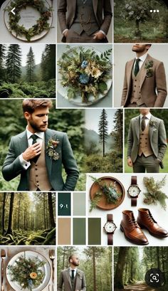 a collage with many different pictures including trees, plants and men's clothing