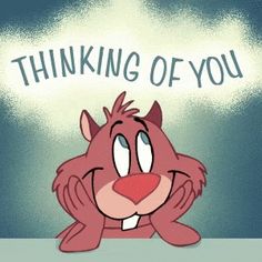 a cartoon character with the words thinking of you above it's head and an image of a cat