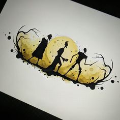 a drawing of two people walking in front of a half - moon with black and yellow splots