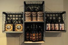 the shelves are filled with different types of beer