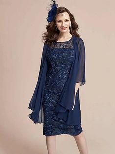 Two Piece A-Line Mother of the Bride Dress Formal Wedding Guest Elegant Scoop Neck Tea Length Chiffon Lace Short Sleeve Wrap Included with Pleats Sequin Appliques 2024 2024 - $179.99 Chiffon Jacket, Jewel Neckline, Mother Of The Bride Dress, Chiffon Ruffle, Dress Shapes, Jewel Neck, Chiffon Lace, Petite Dresses, Stretch Lace