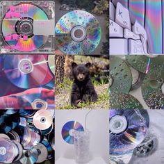 there are many cd's and cds in this collage, including one black bear