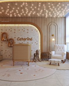 a living room filled with lots of furniture next to a wall covered in white lights