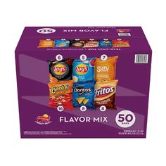 a purple box filled with lots of different flavored snacks and the words flavy mix on it