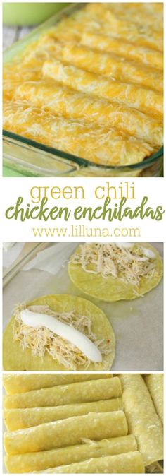 green chili chicken enchiladas with shredded cheese on top and in the middle