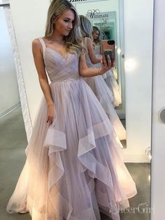 Mauve Simple Long Prom Dresses with Strap Cheap Ball Gown ARD2074-SheerGirl Layered Prom Dress, Prom Dresses Lavender, Simple Prom Dress Long, Cheap Prom Dresses Long, Organza Skirt, Dress With Pleats, Long Prom Dresses, A Line Prom Dresses, Tulle Prom Dress