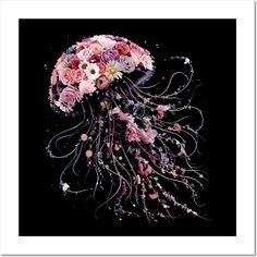 an art work with flowers and jellyfish on black background, framed in white frame