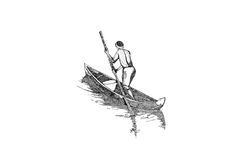 a drawing of a man in a boat with a pole and oar on the water