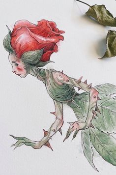 a drawing of a little red - haired girl with green leaves in her hands, reaching down to the ground