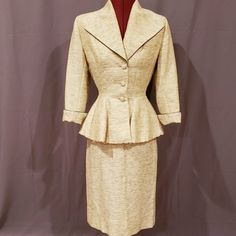 Needs Restoring! Made Of Mohair, Wool, And Silk (Which Need Special Care/Storage), And At Some Point She Wasn't Properly Cared For. I Plan To Seal The Fraying Edges And Find Appliques In Black That Would Complement The Garment, To Cover Up The Holes At The Back. Would Like Her Buyer To Give Input Into Applique Design. If Interested- Comment Below! Blazer- Bust Measures 36" Waist Measures 26" Shoulder-To-Shoulder Measures 15" Skirt- 25.75" Waist Measures Hip Measures 37" Length Is 25.5" Vintage Fitted Skirt Suit For Formal Occasions, Classic Fitted Beige Skirt Suit, Classic Beige Fitted Skirt Suit, Elegant Fitted Cream Skirt Suit, Elegant Beige Fitted Skirt Suit, Vintage Formal Lined Skirt Suit, Vintage Lined Skirt Suit For Formal Occasions, Elegant Fitted Lined Skirt Suit, Lilli Ann