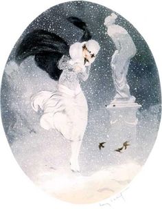 a painting of a woman standing in the snow with her hair blowing back and birds flying around