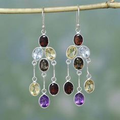 Multi-gemstone chandelier earrings, 'Wondrous Colors' - Handcrafted Multigemstone Indian Chandelier Earrings Indian Chandelier, Gemstone Chandelier, Unique Chandeliers, Amethyst Necklace Pendant, Turquoise Earrings Dangle, Citrine Earrings, Amethyst Color, Chandelier Design, Fancy Jewelry