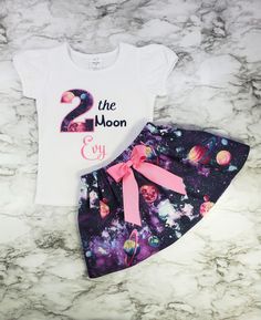 two the moon t - shirt and skirt set with pink bow on purple galaxy print