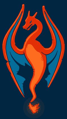 an orange and blue dragon is standing on its hind legs with wings spread out in the air