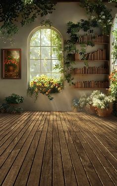 an empty room with wooden floors and plants on the windows sill, in front of a book shelf filled with books