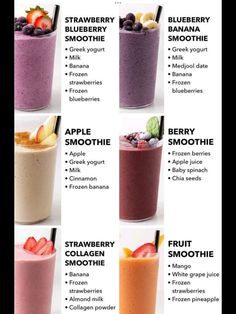 an image of different smoothie drinks with names on it and pictures in the bottom right corner