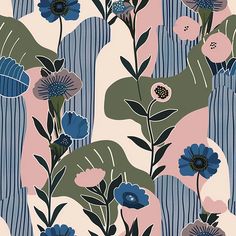 blue and pink flowers are on a striped wallpaper pattern, with vertical stripes in the background