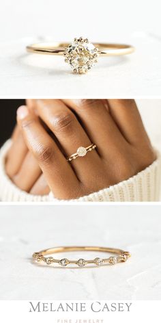 two different views of a woman's hand wearing a gold ring with diamonds on it