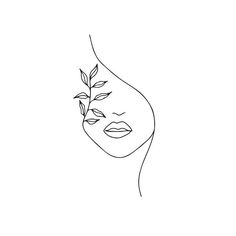 a line drawing of a woman's face with leaves on it